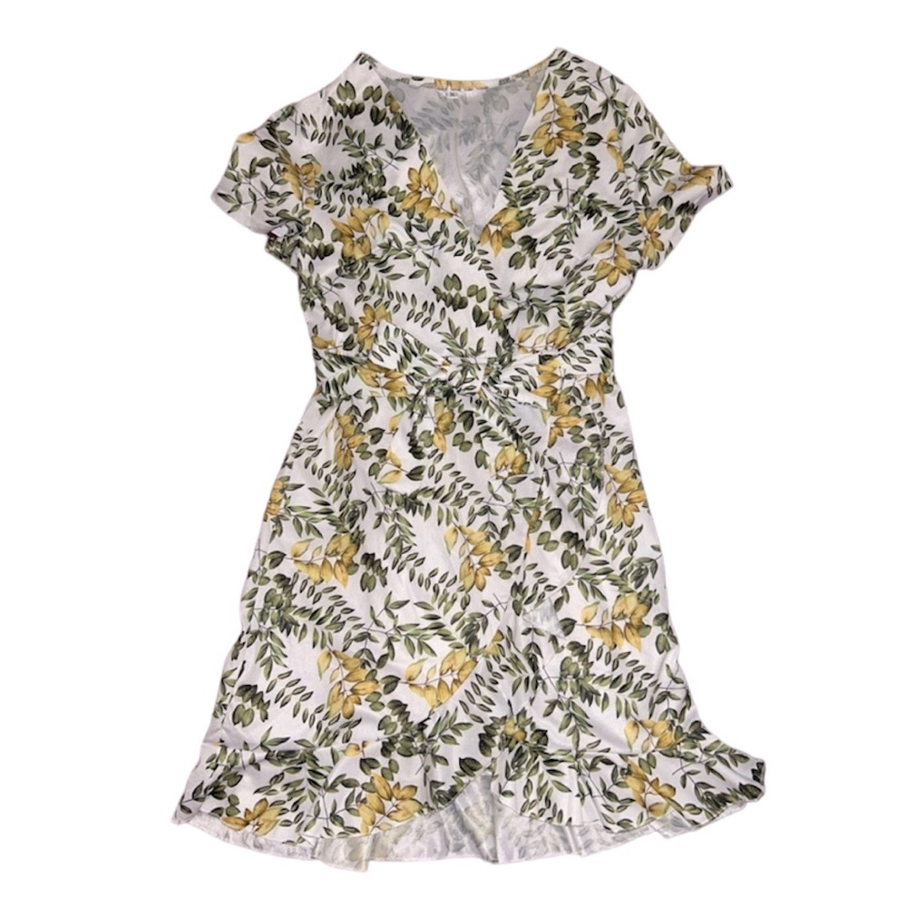 Yokodea White & Green Floral Ruffle Hem Wrap Dress